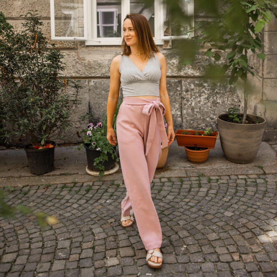 Dolge široke hlače / rebrast bombaž / dusty pink - Image 2