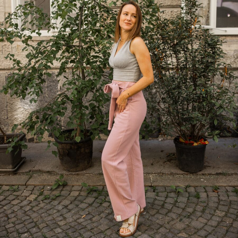 Dolge široke hlače / rebrast bombaž / dusty pink - Image 5