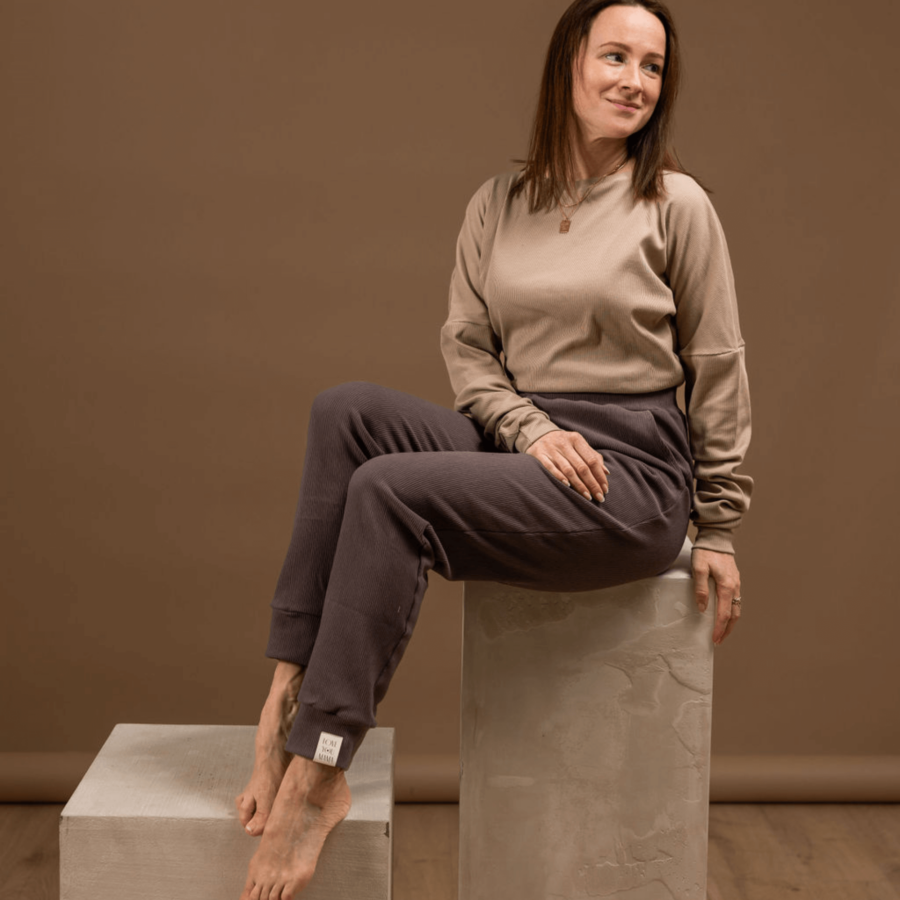 Dolge hlače na patent / rebrast bombaž / mocha - Image 3