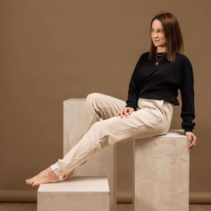 Dolge hlače na patent / rebrast bombaž / beige